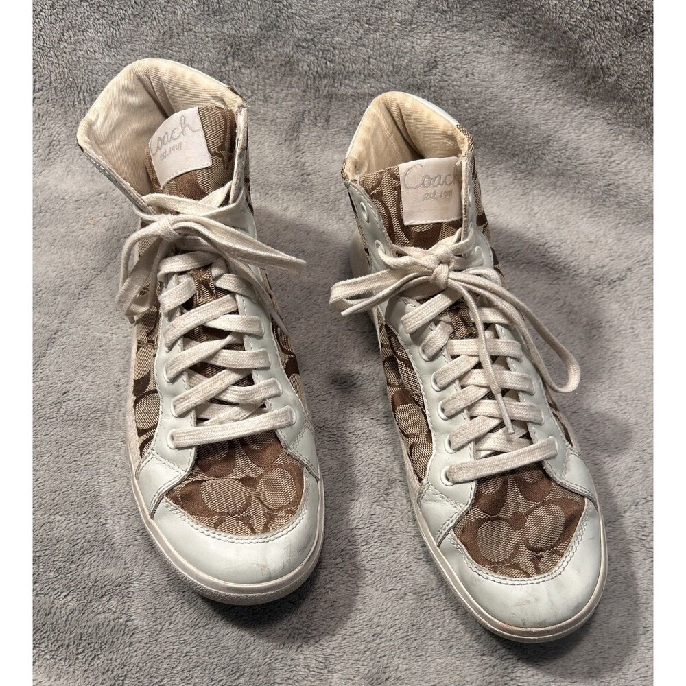 Coach 10B Women's Ellis Signature High Top Sneaker Canvas Leather Brown